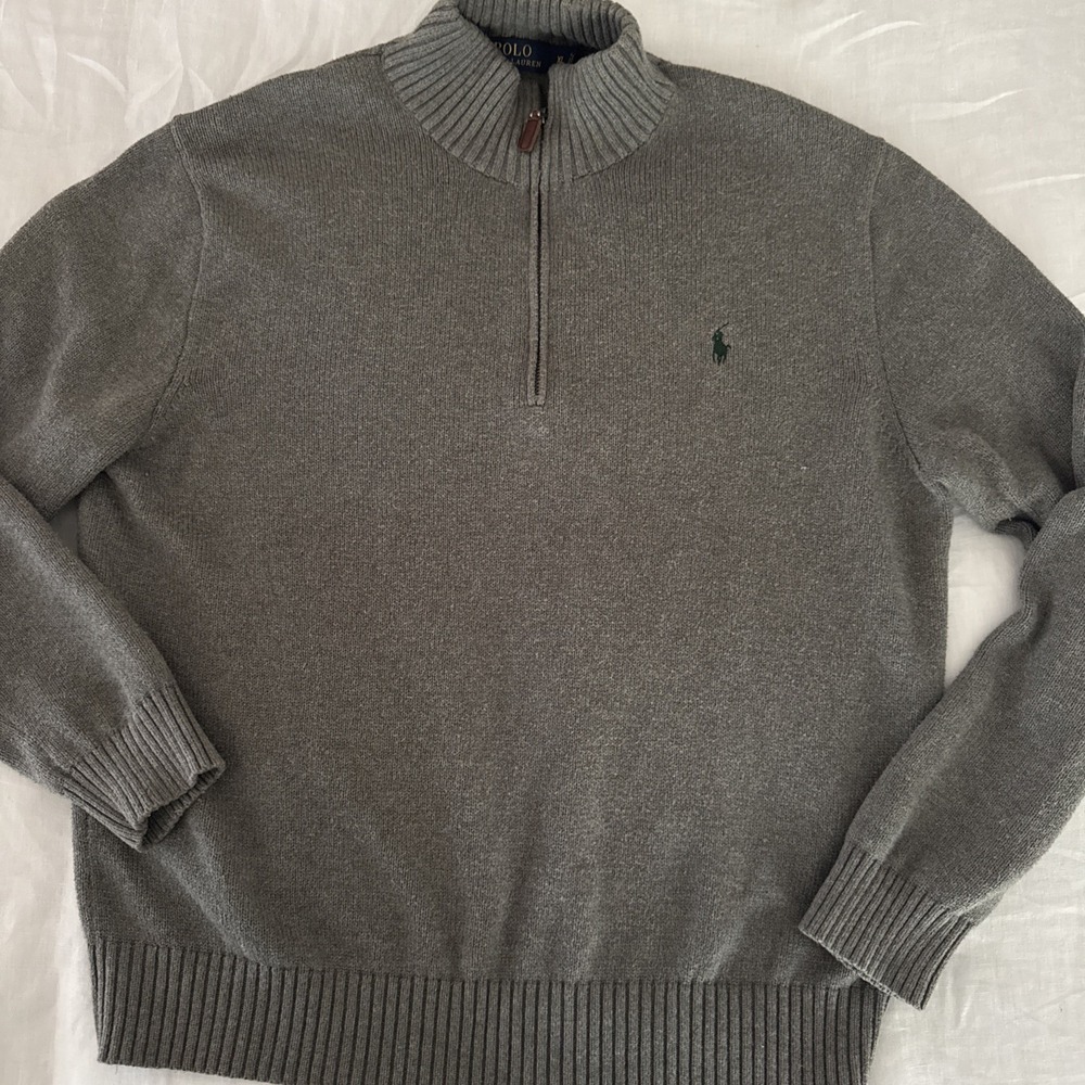 Polo Ralph Lauren Men's Gray Sweater 1/4 Zip Green Pony Size XL EUC Runs Small